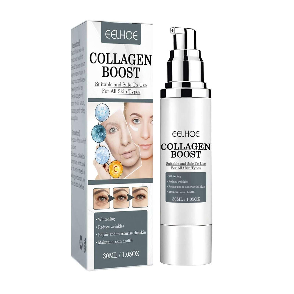 Collagen Boost serum for skin revitalization, showing product bottle and packaging for enhanced skin elasticity and youthful appearance.